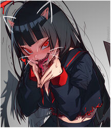  black_hair black_sailor_collar black_serafuku black_skirt black_wings blood blood_on_face blue_archive blush breasts commentary drawn_ears drawn_whiskers face_filter female grey_background heart highres large_breasts long_hair long_sleeves looking_at_viewer neckerchief open_mouth red_eyes red_neckerchief sailor_collar saliva school_uniform serafuku sharp_teeth simple_background skirt solo sweat symbol-only_commentary teeth tongue tongue_out torn_clothes trembling tsurugi_(blue_archive) undone_neckerchief very_long_hair waa153 wings 