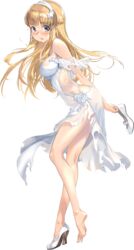  bare_shoulders barefoot blonde_hair breasts broken_shoes cleavage collarbone double_bun dress female fletcher_(kancolle) full_body hair_bun hair_ornament hairband high_heels holding kantai_collection large_breasts long_hair off_shoulder official_art purple_eyes shoes single_barefoot single_shoe solo star_(symbol) torn_clothes transparent_background white_dress zeco 