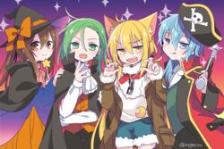  4girls animal_ears asymmetrical_hair black_headwear blonde_hair blue_eyes blue_hair blue_shorts brown_eyes brown_hair buttons cape closed_mouth cowboy_shot crescent crescent_pin fumizuki_(kancolle) green_eyes green_hair gun hair_between_eyes halloween halloween_costume hat holding holding_gun holding_weapon kantai_collection long_hair long_sleeves low_twintails minazuki_(kancolle) multiple_girls nagasioo nagatsuki_(kancolle) open_mouth satsuki_(kancolle) shorts smile twintails twitter_username vampire_costume wand weapon witch_hat yellow_eyes 