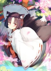  animal_ear_fluff animal_ears black_hair blurry blurry_background blush bow closed_mouth commentary_request day depth_of_field female fox_ears fox_girl fox_tail from_above hakama hakama_skirt japanese_clothes kamizaki_hibana kimono kitsune light_smile long_sleeves looking_at_viewer looking_up miko multiple_tails original outdoors parted_bangs petals red_bow red_eyes red_hakama reflection ribbon-trimmed_sleeves ribbon_trim ripples short_hair skirt sleeves_past_fingers sleeves_past_wrists smile solo tail torii water white_kimono wide_sleeves 