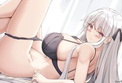  bad_id bad_pixiv_id bare_shoulders black_bra black_panties blush bra breasts crossed_legs female girls&#039;_frontline hair_between_eyes heart heart-shaped_pupils highres huge_breasts kar98k_(girls&#039;_frontline) keenh lace-trimmed_bra lace_trim long_hair looking_at_viewer panties panty_pull red_eyes sidelocks smile solo symbol-shaped_pupils thighs underwear very_long_hair white_hair 