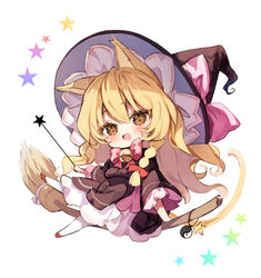  animal_ears black_dress black_hat blonde_hair braid broom broom_riding cat_ears chibi dress female frilled_sleeves frills full_body hat holding holding_wand kirisame_marisa long_hair long_sleeves md5_mismatch orb piyokichi simple_background single_braid solo star_(symbol) touhou wand white_background witch_hat yellow_eyes yin_yang yin_yang_orb 