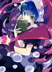  black_dress blue_hair book commentary covered_mouth doremy_sweet dream_soul dress female hat highres holding holding_book long_tail looking_at_viewer multicolored_clothes multicolored_dress nightcap nikorashi-ka one-hour_drawing_challenge pom_pom_(clothes) red_hat short_hair solo tail touhou white_dress 