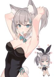  absurdres alternate_costume animal_ear_fluff animal_ears armpits arms_behind_head arms_up bad_id bad_pixiv_id bare_arms bare_shoulders black_hairband black_leotard blue_archive blue_bow blue_bowtie blue_eyes bow bowtie breasts chibi cleavage closed_mouth collar commentary detached_collar extra_ears fake_animal_ears female fishnet_pantyhose fishnets goyain grey_hair hair_tie hair_tie_in_mouth hairband highres leotard mismatched_pupils mouth_hold multiple_views pantyhose playboy_bunny rabbit_ears shiroko_(blue_archive) simple_background small_breasts strapless strapless_leotard tying_hair white_background white_collar wing_collar wolf_ears 