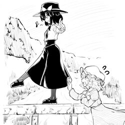  2girls berusuke_(beru_no_su) clip_studio_paint_(medium) dress greyscale happy hat maribel_hearn mary_janes monochrome multiple_girls musical_note outdoors pantyhose shoes stone_wall touhou usami_renko walking wall 