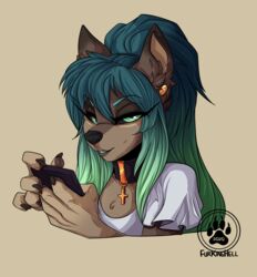  2020 5_fingers anthro black_sclera blue_eyes blue_hair canid canine collar digital_media_(artwork) ear_piercing ear_ring female fingers hair headshot_portrait hi_res jesterghastly mammal piercing portrait ring_piercing solo 