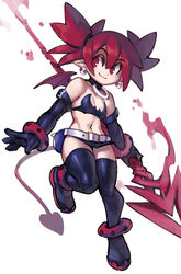  anklet bare_shoulders belt black_bra black_gloves black_thighhighs bra choker demon_girl demon_tail disgaea earrings elbow_gloves elder_spear etna_(disgaea) female flat_chest full_body gloves highres holding holding_polearm holding_weapon jewelry makai_senki_disgaea microskirt mini_wings polearm polearm_behind_back red_eyes red_hair red_tail skirt skull_earrings smile solo spear strapless strapless_bra studded_anklet studded_bracelet tail thighhighs twintails underwear weapon white_belt wings zako_(arvinry) zettai_ryouiki 