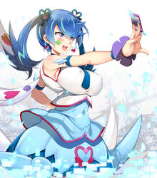  :d aburidashi_zakuro alternate_breast_size armlet armpit_peek bare_shoulders between_fingers blue_angel_(yu-gi-oh!) blue_hair blue_necktie blue_ribbon blue_shirt blue_skirt blush breasts card clover covered_navel covered_nipples crop_top earrings facial_tattoo female four-leaf_clover hair_ornament hair_ribbon heart heart_earrings holding holding_card jewelry large_breasts long_hair looking_away multicolored_hair necktie open_mouth outstretched_arm photoshop_(medium) purple_eyes rectangle ribbon shiny_clothes shiny_skin shirt skirt sleeveless sleeveless_shirt smile solo standing streaked_hair tattoo taut_clothes taut_shirt trickstar_reincarnation twintails white_background white_shirt white_wings wings wristband yu-gi-oh! yu-gi-oh!_vrains zaizen_aoi 