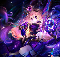  armor artist_name artstation_logo blonde_hair boots breasts commentary dark_cosmic_lux deviantart_logo deviantart_username dress female floating_hair frown hair_between_eyes hair_ornament highres hitokiri_battousai instagram_logo instagram_username knee_up large_breasts league_of_legends long_hair looking_at_viewer lux_(league_of_legends) magic md5_mismatch photoshop_(medium) pixiv_logo pixiv_username purple_eyes purple_hair solo thigh_boots thighhighs translation_request very_long_hair 