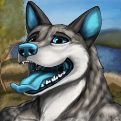  1:1 anthro blue_eyes blue_flesh blue_inner_ear blue_insides blue_mouth blue_nose blue_tongue breath bust_portrait canid canine canis cloud fur grass grin happy hi_res male mammal multicolored_body multicolored_fur nature nature_background open_mouth outside panting plant portrait sky smile solo teeth tongue toothy tree two_tone_body two_tone_fur water wolf wolfywetfurr_(artist) 