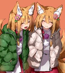  2girls :d ^_^ animal_ear_fluff animal_ears blush brown_background brown_hair closed_eyes closed_mouth commentary down_jacket facing_viewer flower fox_ears fox_girl fox_tail green_jacket grey_jacket hair_between_eyes hair_flower hair_ornament hakama hakama_skirt hands_in_pockets jacket japanese_clothes long_sleeves miko multiple_girls open_clothes open_jacket open_mouth original pink_flower ramuya_(lamb) red_hakama shirt short_eyebrows simple_background skirt smile tail thick_eyebrows white_shirt 