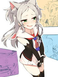  1boy american_flag american_flag_neckwear american_flag_print animal_ear_fluff animal_ears azur_lane black_gloves black_legwear black_vest breath cat_ears commander_(azur_lane) commentary dress elbow_gloves extra_ears female fingerless_gloves flag_print gloves green_eyes grey_hair long_hair necktie open_clothes open_mouth open_vest print_necktie sailor_dress short_dress sims_(azur_lane) sleeveless sleeveless_dress smile star_(symbol) sweat tears thighhighs translated unzipped vest white_dress youhei_64d zipper 