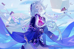  abstract_background black_dress black_gloves blue_background blue_hair blurry blurry_foreground chinese_commentary clenched_hand commentary_request cowboy_shot dress female floating_hair glass_shards gloves hand_on_own_chest hand_up kneeling lirseven long_hair music open_mouth purple_eyes singing solo synthesizer_v twintails very_long_hair xingchen 