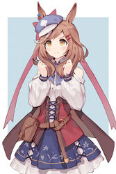  animal_ears bare_shoulders belt_pouch blue_background blue_skirt brown_hair center_frills corset female frills hair_ornament hairclip hands_up hat highres horse_ears horse_girl long_hair long_sleeves looking_away matikane_tannhauser_(umamusume) pouch puffy_long_sleeves puffy_sleeves shirt shone simple_background skirt smile solo tilted_headwear umamusume white_shirt yellow_eyes 