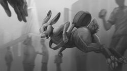  16:9 2020 anthro ass blurred_background clothed clothing detailed_background fully_clothed fur greyscale group ipoke lagomorph leporid light lighting male mammal midair monochrome open_mouth rabbit scut_tail short_tail solo_focus tail widescreen 