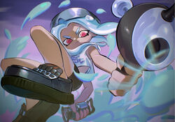  black_footwear black_shorts blue_hair closed_mouth eyewear_on_head female holding holding_weapon humanlynn ink luna_blaster_(splatoon) medium_hair midriff_peek octoling octoling_girl octoling_player_character red_eyes shirt short_sleeves shorts smile solo splatoon_(series) t-shirt tan tentacle_hair weapon white_shirt 