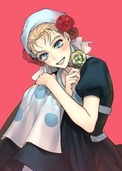  apron battle_tendency blonde_hair blue_eyes candy dress female flower food grin hat hat_flower head_scarf highres holding holding_food hugging_own_legs jojo_no_kimyou_na_bouken knees_to_chest korean_commentary lips lollipop orange_background polka_dot polka_dot_apron puffy_short_sleeves puffy_sleeves ranch_jjba red_flower short_sleeves sitting smile suzi_q swirl_lollipop 