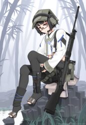  absurdres bamboo bamboo_forest battle_rifle black_footwear black_hair black_pantyhose brown_eyes crop_top fingerless_gloves fn_fal fog forest frown glasses gloves gun gun_sling headset highres holding_leg knife_sheath looking_at_viewer military nature nusisring_tactical original pantyhose rifle rock sheath short_hair shorts sitting solo toes vectorek water weapon weeds weisheng_lyu 