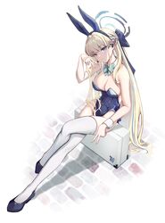  animal_ears bare_shoulders black_hairband blonde_hair blue_archive blue_bow blue_bowtie blue_eyes blue_hair blue_halo blue_leotard bow bowtie braid breasts briefcase cleavage closed_mouth covered_navel crossed_legs detached_collar double_v earrings fake_animal_ears fake_tail female from_above full_body hair_lift hairband hairbow half_up_braid halo hand_up head_tilt headset highleg highleg_leotard highres jewelry large_breasts leotard light_blush long_hair looking_at_viewer looking_up multicolored_hair official_alternate_costume peropicnic playboy_bunny rabbit_ears rabbit_tail sett shadow sidelocks sitting sitting_on_object smirk solo strapless strapless_leotard streaked_hair stud_earrings tail thighhighs toki_(blue_archive) toki_(bunny)_(blue_archive) two-tone_hair v very_long_hair white_background white_thighhighs wrist_cuffs 