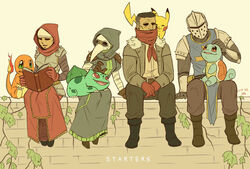  2boys 2girls armor book boots bulbasaur charmander crossover crusader_(darkest_dungeon) darkest_dungeon flame-tipped_tail full_armor helmet highres highwayman_(darkest_dungeon) hood lizard_taro mask multiple_boys multiple_girls pants parody pikachu plague_doctor_(darkest_dungeon) plague_doctor_mask plant pokemon pokemon_(creature) scarf short_hair sitting squirtle starter_pokemon_trio tabard vestal_(darkest_dungeon) vines wall weapon 