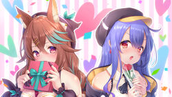  2girls asahina_kon bare_shoulders beret black_headwear black_neckwear black_sleeves blue_hair blush box breasts brown_hair cleavage collared_shirt commentary_request detached_sleeves earrings flat_cap flower gift gift_box gradient_hair hair_between_eyes hair_ornament hairclip hands_up hat heart highres holding holding_flower holding_gift indie_virtual_youtuber jewelry long_hair long_sleeves looking_at_viewer medium_breasts multicolored_hair multiple_girls oerba_yun_fang open_mouth puffy_long_sleeves puffy_sleeves purple_hair red_eyes red_flower red_rose rose shirt sleeveless sleeveless_shirt striped striped_background teeth upper_body upper_teeth_only valentine vertical_stripes virtual_youtuber white_shirt yorudo_kimayu yuyuko_(yuyucocco) 