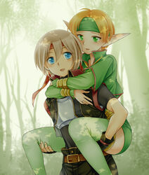  1boy armor bad_id bad_pixiv_id black_pants black_shirt blue_eyes breastplate carrying commentary_request elf female forest gensou_suikoden gensou_suikoden_iv green_eyes green_headband green_legwear green_shirt green_skirt hair_between_eyes ham_pon headband highres lazlo_(suikoden) light_brown_hair nature orange_hair pants paula_(suikoden) piggyback pointy_ears red_headband shirt skirt thighhighs 