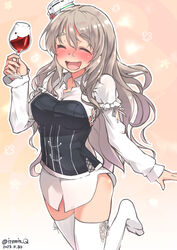  alcohol bodice closed_eyes cup drinking_glass drunk female gradient_background grey_hair hat highres izumikuma kantai_collection mini_hat no_pants one-hour_drawing_challenge pink_background pola_(kancolle) running shirt smile solo thighhighs tilted_headwear wavy_hair white_shirt white_thighhighs wine wine_glass 