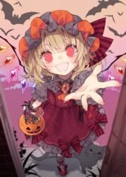  :d adapted_costume animal basket bat_(animal) blonde_hair buttons candy crystal dress feline female flandre_scarlet food foreshortening full_moon halloween halloween_bucket hat holding holding_basket long_hair looking_at_viewer mob_cap moon one_side_up open_mouth pointy_ears puffy_short_sleeves puffy_sleeves pumpkin reaching reaching_towards_viewer red_dress red_eyes red_footwear short_sleeves signature slit_pupils smile solo teeth thumbnail_surprise touhou toutenkou white_legwear wings 