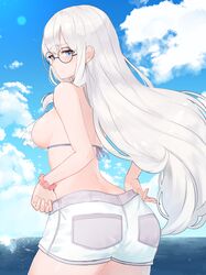  3: absurdres beach bikini blue_eyes breasts cloud cloudy_sky embarrassed female frilled_bikini frills glasses grabbing hair_behind_ear half-closed_eyes highres long_hair looking_at_viewer medium_breasts mole mole_under_mouth myndi ocean original outdoors sakotach scrunchie short_shorts shorts sideboob sky solo sunlight swimsuit wavy_hair white_hair 