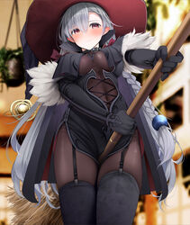  black_choker black_gloves blurry blurry_background blush breast_curtains breasts broom broom_riding choker depth_of_field fed_(giba) female fur-trimmed_sleeves fur_trim garter_belt gloves gradient_eyes grey_hair halloween hat long_hair medium_breasts multicolored_eyes original pantyhose pointy_ears sleeves_past_wrists solo witch_hat 