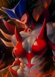  black_wings breasts cleavage collar duel_monster embers evil_hero_inferno_wing female green_hair highres looking_at_viewer mask medium_breasts navel red_collar red_lips sangae short_hair solo spiked_hair spikes toned upper_body wings yu-gi-oh! yu-gi-oh!_gx 