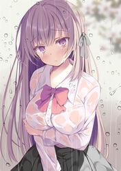  black_ribbon black_skirt blurry blurry_background blush bow bowtie breast_hold breasts closed_mouth collared_shirt cowboy_shot crying crying_with_eyes_open depth_of_field dress_shirt female hair_ribbon hoshino_koucha large_breasts long_hair long_sleeves looking_at_viewer no_bra original purple_eyes purple_hair red_bow red_bowtie ribbon school_uniform see-through shirt skirt solo straight_hair streaming_tears tears very_long_hair wet wet_clothes wet_shirt white_shirt 