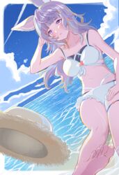  absurdres animal_ear_fluff animal_ears barefoot bikini blue_sky blunt_bangs breasts cloud cloudy_sky erune female granblue_fantasy hair_ornament hairpin hand_in_own_hair hat highres long_hair navel open_mouth outdoors purple_eyes purple_hair sitting sky solo straw_hat swimsuit takanishi_takashi tikoh water white_bikini 