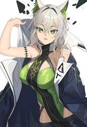  absurdres animal_ear_fluff animal_ears arknights bare_shoulders black_jacket breasts cat_ears commentary_request cowboy_shot female green_eyes grey_hair groin highres jacket kal&#039;tsit_(arknights) kal&#039;tsit_(remnant)_(arknights) large_breasts looking_at_viewer material_growth official_alternate_costume open_clothes open_jacket oripathy_lesion_(arknights) parted_lips short_hair simple_background solo soranoki white_background 