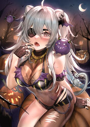  adapted_costume ahoge animal_ears bat_(animal) black_nails black_pantyhose breasts cleavage commentary crescent_moon ear_piercing fangs female grey_eyes grey_hair halloween_costume himonoata hololive large_breasts lion_ears lion_girl lion_tail long_hair moon open_mouth pantyhose piercing print_eyepatch pumpkin see-through see-through_cleavage shishiro_botan shishiro_botan_(1st_costume) single_leg_pantyhose solo spider_web_print ssrb_(shishiro_botan) tail two_side_up vampire_costume virtual_youtuber 