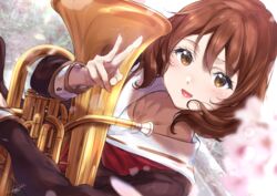  :d blush brown_eyes brown_hair brown_shirt day dutch_angle euphonium female heart heart_in_mouth hibike!_euphonium highres instrument kitauji_high_school_uniform kuziaaizuk long_sleeves looking_at_viewer neckerchief open_mouth oumae_kumiko outdoors petals red_neckerchief sailor_collar school_uniform serafuku shirt short_hair signature smile solo upper_body v white_sailor_collar 