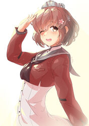  arthur_ko black_neckerchief blush brown_eyes brown_hair buttons commentary cowboy_shot dress english_commentary female flower grey_sailor_collar hair_flower hair_ornament highres kantai_collection long_sleeves looking_at_viewer mixed-language_commentary neckerchief one_eye_closed open_mouth red_shirt sailor_collar sailor_shirt shirt short_hair smile solo sunlight tan_yang_(kancolle) white_background white_dress yukikaze_(kancolle) 