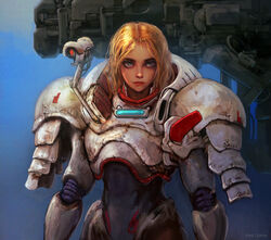  armor blonde_hair blue_eyes cable commentary cyberpunk damaged dirty dragon&#039;s_heaven english_commentary female ikuuru kory_cromie lips long_hair looking_at_viewer machinery mecha power_armor power_suit realistic robot science_fiction shaian_(robot) signature soldier upper_body 