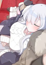  akitokage anastasia_(fate) anastasia_(under_the_same_sky)_(fate) breasts coat couch doll eyes_visible_through_hair fate/grand_order fate_(series) female fur_trim hair_over_one_eye highres large_breasts long_hair on_couch sleeping sleeves_past_wrists solo_focus sweater viy_(fate) white_hair winter_clothes winter_coat 