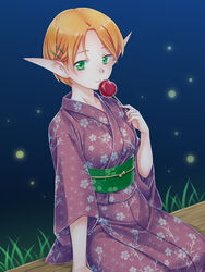  candy_apple commentary_request elf female food gensou_suikoden gensou_suikoden_iv green_eyes hair_ornament hairclip ham_pon highres japanese_clothes kimono light_blush looking_at_viewer night obi on_bench orange_hair paula_(suikoden) pointy_ears purple_kimono sash short_hair sitting solo 