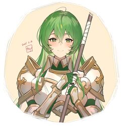  absurdres ahoge armor blush breastplate collared_shirt colored_inner_hair commentary dated elbow_gloves erinys_(fire_emblem) female fingerless_gloves fire_emblem fire_emblem:_genealogy_of_the_holy_war fire_emblem_heroes gauntlets gloves gold_trim green_eyes green_hair green_shirt hair_between_eyes highres holding holding_polearm holding_weapon kakage long_hair looking_at_viewer multicolored_hair pauldrons polearm shirt shoulder_armor simple_background sleeveless sleeveless_shirt smile solo spear turtleneck upper_body very_long_hair weapon white_armor 