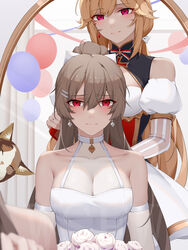  2girls absurdres alternate_costume azur_lane balloon breasts brushing_another&#039;s_hair brushing_hair cleavage commentary_request dress earrings elbow_gloves feline gloves highres jean_bart_(azur_lane) jewelry long_hair looking_at_mirror mirror multiple_girls red_eyes richelieu_(azur_lane) see-through sitting white_dress wsfw 