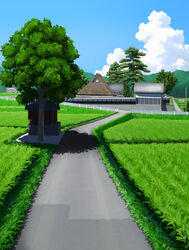  absurdres cloud commentary_request day farm fence field grass highres house landscape mountain nature no_humans original outdoors rice_paddy road rural scenery shadow shrine signature sky summer tateyuki tree 