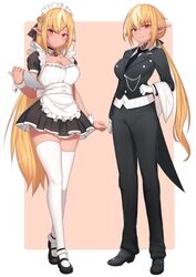  alternate_costume apron blonde_hair breasts bu_li butler dark-skinned_female dark_skin dual_persona enmaided female female_butler formal full_body gloves highres hololive large_breasts long_hair low_ponytail maid maid_apron maid_headdress multicolored_hair necktie pointy_ears shiranui_flare sidelocks smile streaked_hair suit thighhighs virtual_youtuber white_gloves wrist_cuffs 