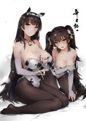  2girls absurdres animal_ears animal_print bare_shoulders bell black_hair black_pantyhose breasts chinese_commentary chinese_text cleavage collar collarbone commentary_request covering_breasts covering_privates cow_ears cow_print cowbell elbow_gloves fake_animal_ears fingerless_gloves girls&#039;_frontline gloves hair_bell hair_ornament hairband highres kneeling lap_pillow_invitation large_breasts long_hair looking_at_viewer medium_breasts mimikaki multiple_girls neck_bell no:9 open_mouth pantyhose print_collar print_hairband print_leotard sitting straight_hair teeth translated twintails type_95_(girls&#039;_frontline) type_97_(girls&#039;_frontline) upper_teeth_only wariza white_background white_gloves yellow_eyes zen_juraku 