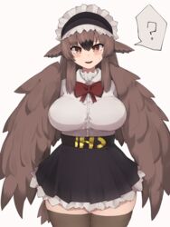  ? animal_ears belt bird_ears black_skirt black_souls black_thighhighs blush bow breasts bright_pupils brown_eyes brown_feathers brown_hair brown_wings commentary dodo_(black_souls) feathered_wings feathers female frilled_skirt frills hair_between_eyes harpy highres large_breasts long_hair looking_at_viewer maid_headdress monster_girl open_mouth red_bow shirt sidelocks simple_background skirt smile solo spoken_question_mark sweatdrop thighhighs white_background white_shirt winged_arms wings yonaga_san 