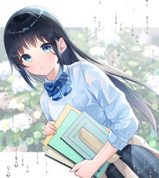  black_hair blue_bow blue_eyes blue_shirt blue_skirt blurry blurry_background blush bow brown_cardigan cardigan cardigan_around_waist closed_mouth clothes_around_waist collared_shirt commentary_request depth_of_field diagonal_stripes dutch_angle female flower gyozanuko highres holding hydrangea long_sleeves looking_at_viewer original plaid plaid_skirt school_uniform shirt sidelocks skirt solo striped striped_bow water_drop 