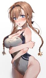  arms_under_breasts black_hairband blue_eyes blush braid breasts brown_hair cleavage clothes_writing collarbone competition_swimsuit crossed_arms female hair_between_eyes hair_ornament hairband highres inusaka kantai_collection large_breasts long_hair looking_at_viewer multicolored_hair one-piece_swimsuit propeller_hair_ornament simple_background solo swimsuit teruzuki_(kancolle) twin_braids two-tone_hair upper_body white_background 