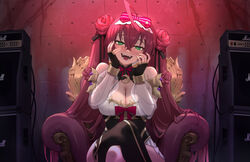  ahoge armlet bare_shoulders black_thighhighs blush bow bracelet breasts chair character_request cleavage copyright_request crossed_bangs crossed_legs detached_sleeves double_bun dress female green_eyes hair_between_eyes hair_bun hairbow jewelry large_breasts long_hair long_sleeves looking_at_viewer open_mouth pink_hair puffy_long_sleeves puffy_sleeves single_thighhigh sitting smile solo thighhighs thighs try_(lsc) twintails 