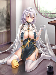  2020 absurdres artist_name azur_lane braid breast_curtains breasts china_dress chinese_clothes dress female full_body garter_straps gloves half_gloves highres indoors large_breasts manjuu_(azur_lane) medium_hair official_alternate_costume pelvic_curtain red_eyes revealing_clothes ribbon_between_breasts see-through see-through_sleeves shihumi side_braid sirius_(azur_lane) sirius_(azure_horizons)_(azur_lane) sitting skindentation thighhighs white_garter_straps white_gloves white_hair white_thighhighs 